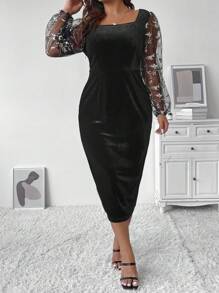 SHEIN Unity Hơn Hoa thêu In Lưới tương phản Tay áo lồng đèn Đầm - màu đen - Xem 3