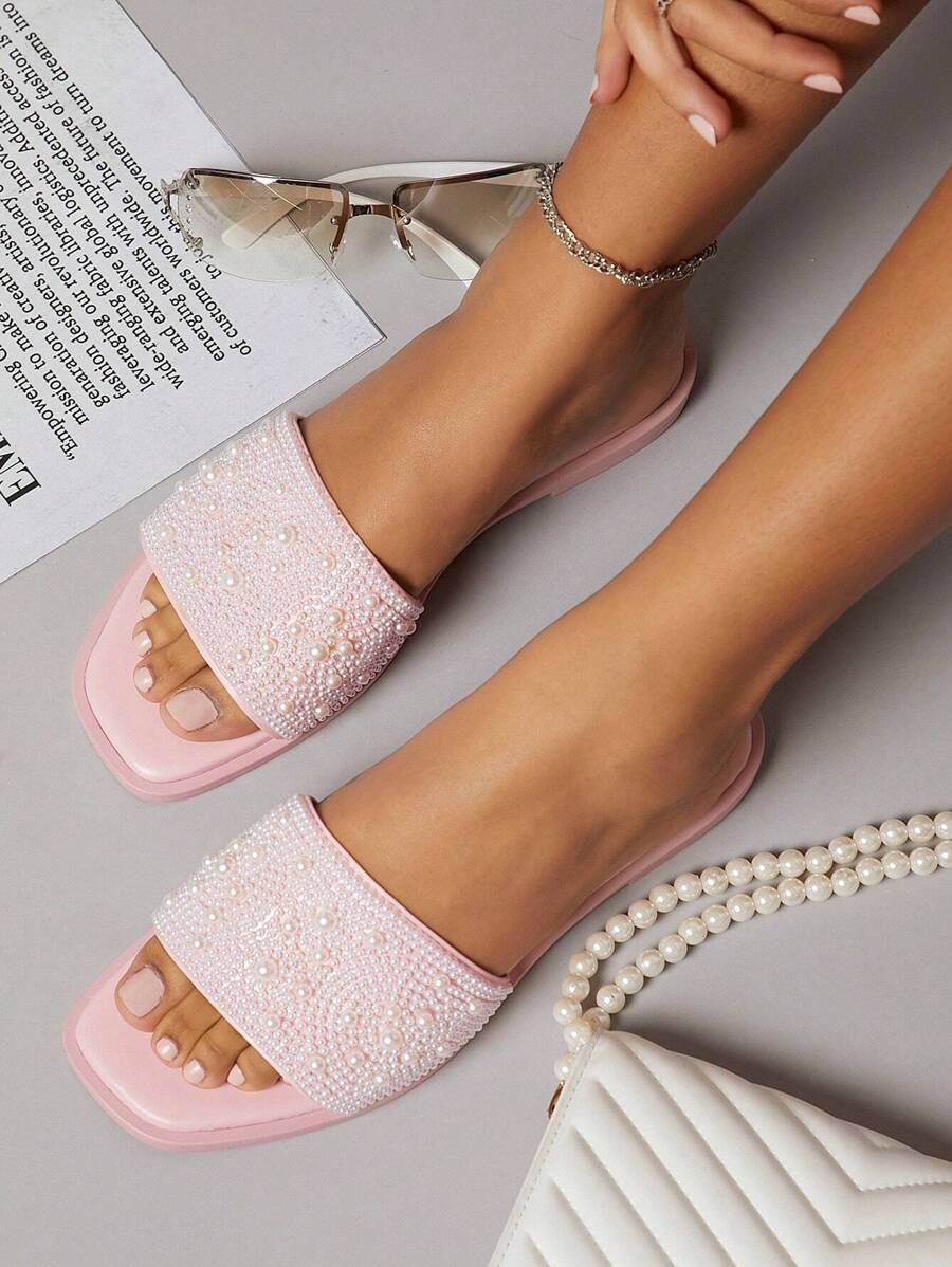 人造皮革方頭一腳蹬平底涼鞋 - 淺粉色 - 查看 1