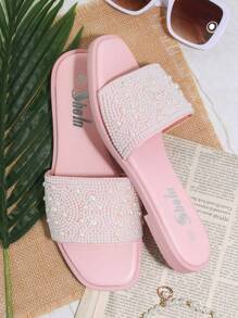 人造皮革方頭一腳蹬平底涼鞋 - 淺粉色 - 查看 2