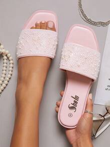 人造皮革方頭一腳蹬平底涼鞋 - 淺粉色 - 查看 3