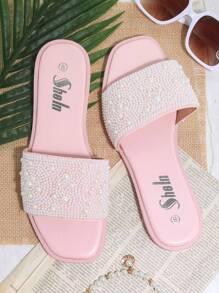 人造皮革方頭一腳蹬平底涼鞋 - 淺粉色 - 查看 4