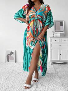 SHEIN Holidaya 大碼滿版印花蝙蝠袖洋裝 - 彩色 - 查看 1