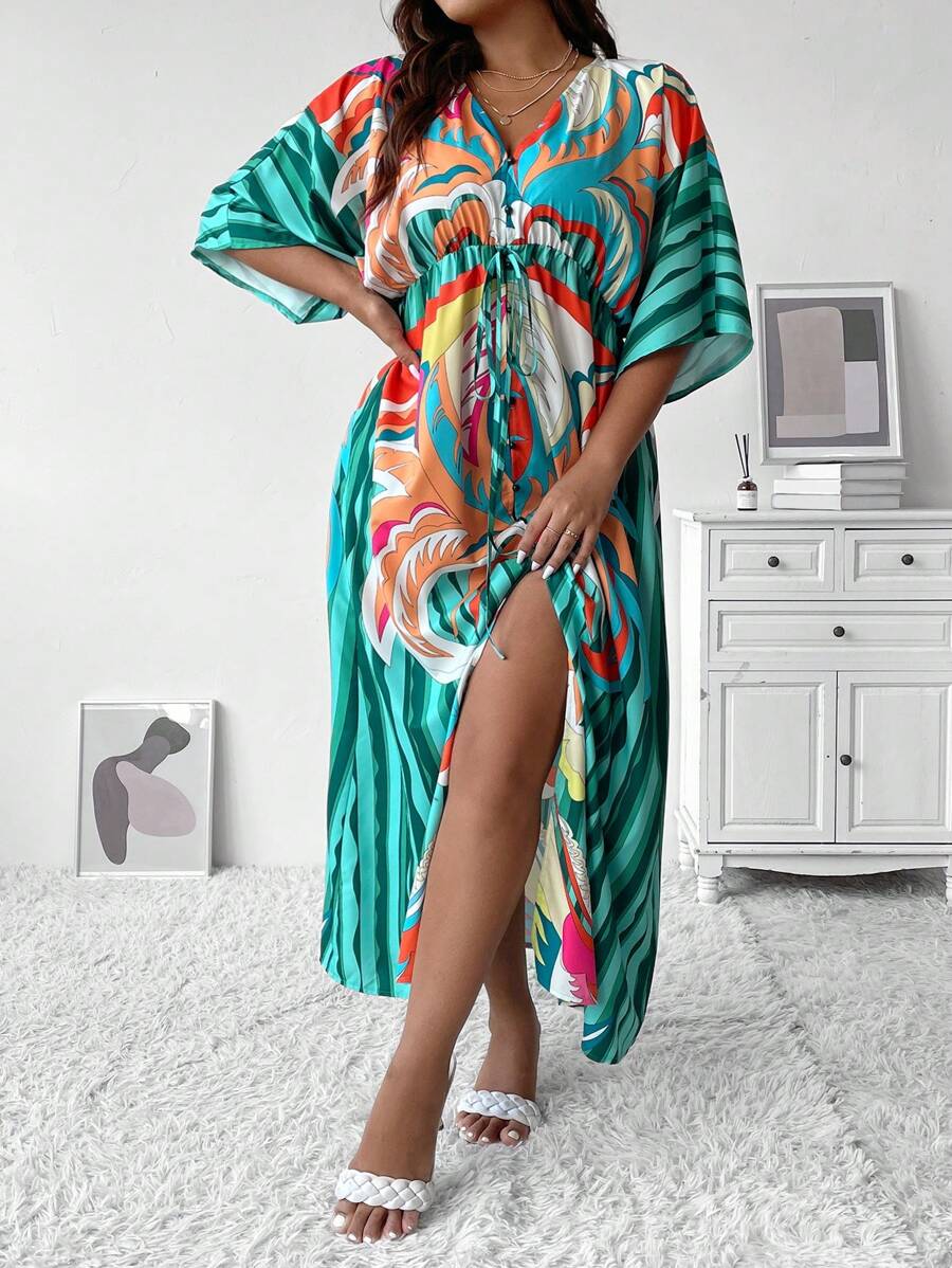 SHEIN Holidaya 大碼滿版印花蝙蝠袖洋裝 - 彩色 - 查看 1