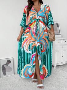 SHEIN Holidaya 大碼滿版印花蝙蝠袖洋裝 - 彩色 - 查看 3