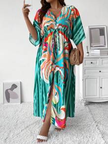 SHEIN Holidaya 大碼滿版印花蝙蝠袖洋裝 - 彩色 - 查看 4