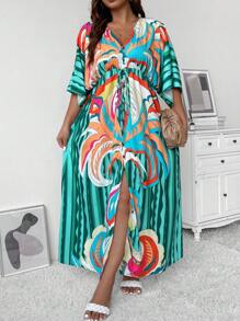 SHEIN Holidaya 大碼滿版印花蝙蝠袖洋裝 - 彩色 - 查看 5