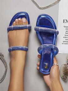 SHUZIA Rhinestone Double Strap Slip On Flat Sandals - Royal Blue - View 3