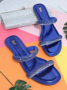 SHUZIA Rhinestone Double Strap Slip On Flat Sandals - Royal Blue - View 4