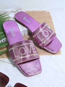Pha lê Chóp giầy hình vuông Mặc vào Dép phẳng - Màu tím - Xem 2
