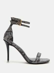 SheIn SXY 女性蛇皮壓花踝帶細高跟涼鞋,優雅黑色滌綸高跟涼鞋 - 黑色 - 查看 8