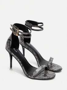 SheIn SXY 女性蛇皮壓花踝帶細高跟涼鞋,優雅黑色滌綸高跟涼鞋 - 黑色 - 查看 7