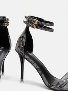 SheIn SXY 女性蛇皮壓花踝帶細高跟涼鞋,優雅黑色滌綸高跟涼鞋 - 黑色 - 查看 3