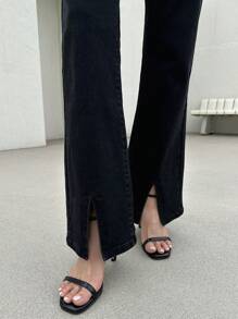 DAZY High Waist Split Hem Flare Leg Jeans,Fall Clothes - Black - View 4