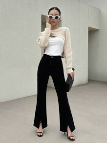 DAZY High Waist Split Hem Flare Leg Jeans,Fall Clothes - Black - View 5