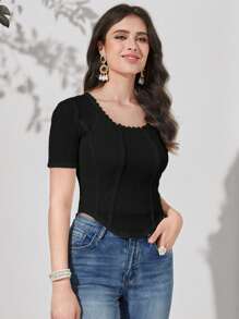 Modelyn Lace Trim Asymmetrical Hem Tee - Black - View 1