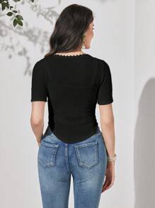 Modelyn Lace Trim Asymmetrical Hem Tee - Black - View 2