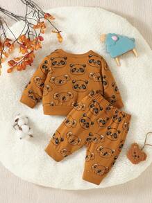 SHEIN Baby Boy Cartoon Graphic Sweatshirt & Sweatpants - Brown - View 2