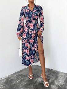 RueChic Tropical Print Lantern Sleeve Dress - Multicolor - View 1