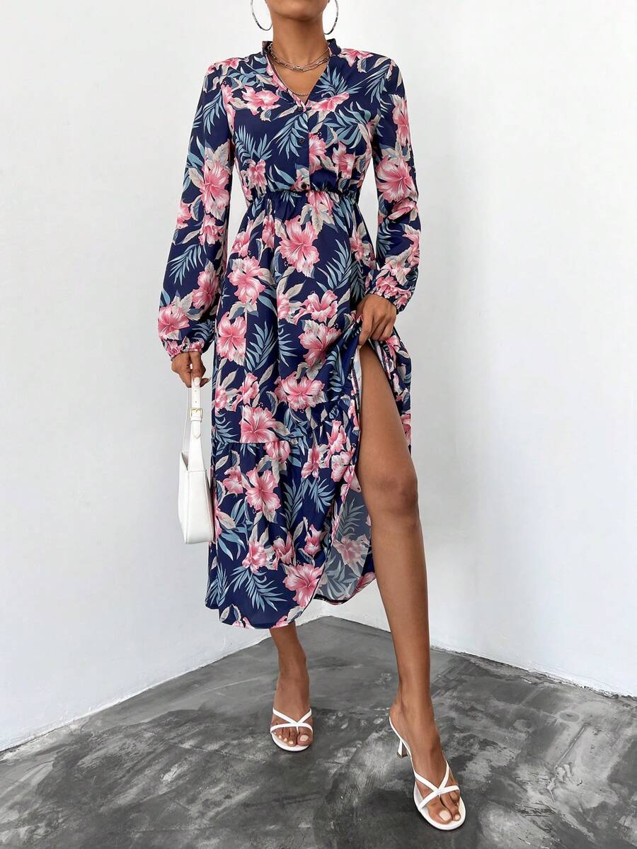 RueChic Tropical Print Lantern Sleeve Dress - Multicolor - View 1