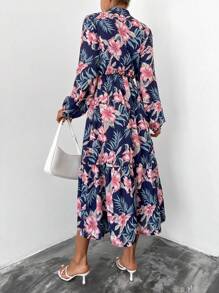 RueChic Tropical Print Lantern Sleeve Dress - Multicolor - View 2