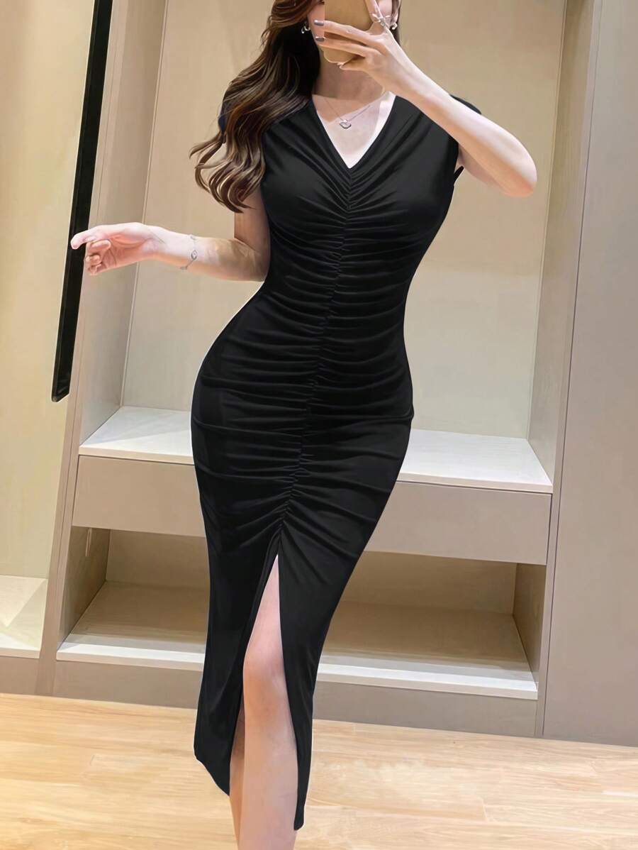 INAWLY Chất rắn Viền mặt trước Viền mép Váy bodycon - màu đen - Xem 1