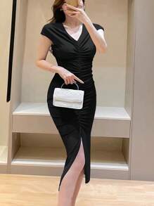 INAWLY Chất rắn Viền mặt trước Viền mép Váy bodycon - màu đen - Xem 3