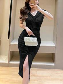 INAWLY Chất rắn Viền mặt trước Viền mép Váy bodycon - màu đen - Xem 4