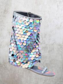 SHUZIA Sequin Decor Thong Toe Sandals Boots - Silver - View 2