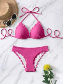 帶扇貝邊露背三角泳衣套裝 - 玫紅色 - 查看 1