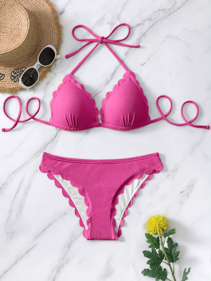 帶扇貝邊露背三角泳衣套裝 - 玫紅色 - 查看 1