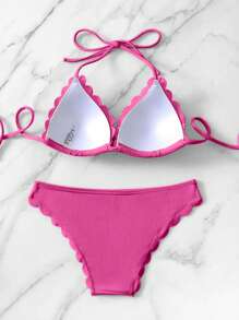 帶扇貝邊露背三角泳衣套裝 - 玫紅色 - 查看 2