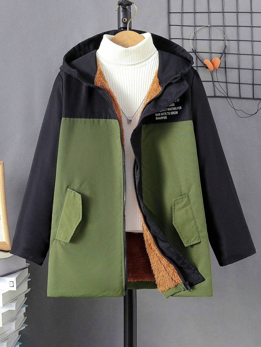 SHEIN Teenager Junge 1 Stück Mantel mit Kapuze, Buchstaben Grafik, Farbblock, Reißverschluss, Thermal Futter, - Verschiedenfarbig - Übersicht 1