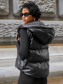 EURMUSE Zip Up Drawstring Hooded Puffer Vest Coat - Black - View 2