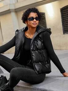 EURMUSE Zip Up Drawstring Hooded Puffer Vest Coat - Black - View 3