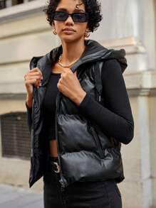 EURMUSE Zip Up Drawstring Hooded Puffer Vest Coat - Black - View 5