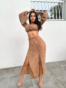 SHEIN SXY 一字肩燈籠袖短款上衣&高衩半身裙 - 棕色 - 查看 4