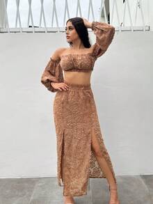 SHEIN SXY 一字肩燈籠袖短款上衣&高衩半身裙 - 棕色 - 查看 5