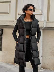 EURMUSE Slant Pocket Puffer Vest Coat - Black - View 1