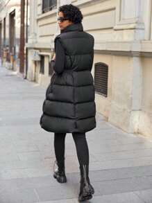 EURMUSE Slant Pocket Puffer Vest Coat - Black - View 2
