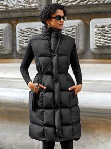 EURMUSE Slant Pocket Puffer Vest Coat - Black - View 3