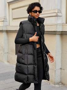 EURMUSE Slant Pocket Puffer Vest Coat - Black - View 4