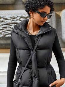 EURMUSE Slant Pocket Puffer Vest Coat - Black - View 5