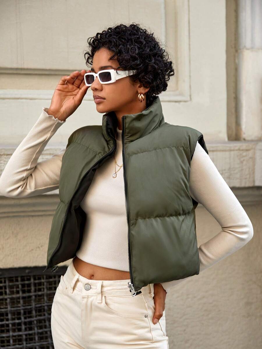 EURMUSE Zip Up Reversible Puffer Vest Coat - Army Green - View 1