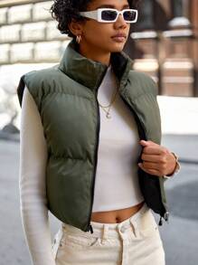 EURMUSE Zip Up Reversible Puffer Vest Coat - Army Green - View 3