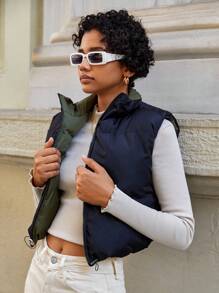 EURMUSE Zip Up Reversible Puffer Vest Coat - Army Green - View 4