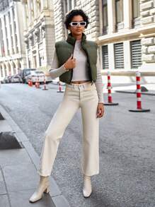 EURMUSE Zip Up Reversible Puffer Vest Coat - Army Green - View 6