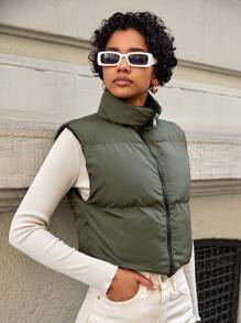 EURMUSE Zip Up Reversible Puffer Vest Coat - Army Green - View 7