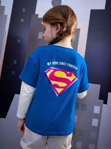 SUPERMAN X SHEIN Chica Joven Camiseta 2 en 1 con estampado de slogan - Multicolor - Ver 1