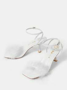 SHEIN MOD 女性毛茸茸裝飾細高跟涼鞋,魅力四射戶外踝帶平底涼鞋 - 白色 - 查看 2