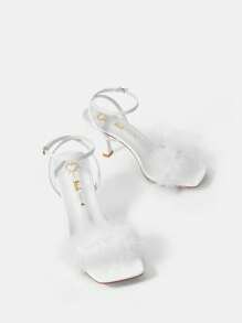 SHEIN MOD 女性毛茸茸裝飾細高跟涼鞋,魅力四射戶外踝帶平底涼鞋 - 白色 - 查看 3